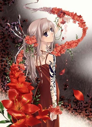 Fille aux fleurs rouges